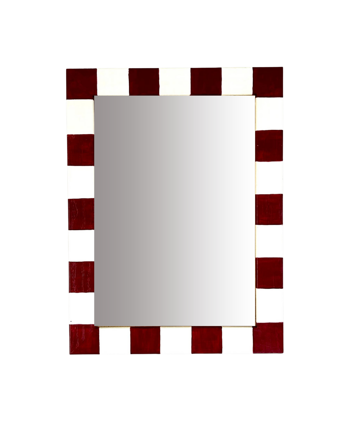 Rectangular mirror with a red border on a white background
