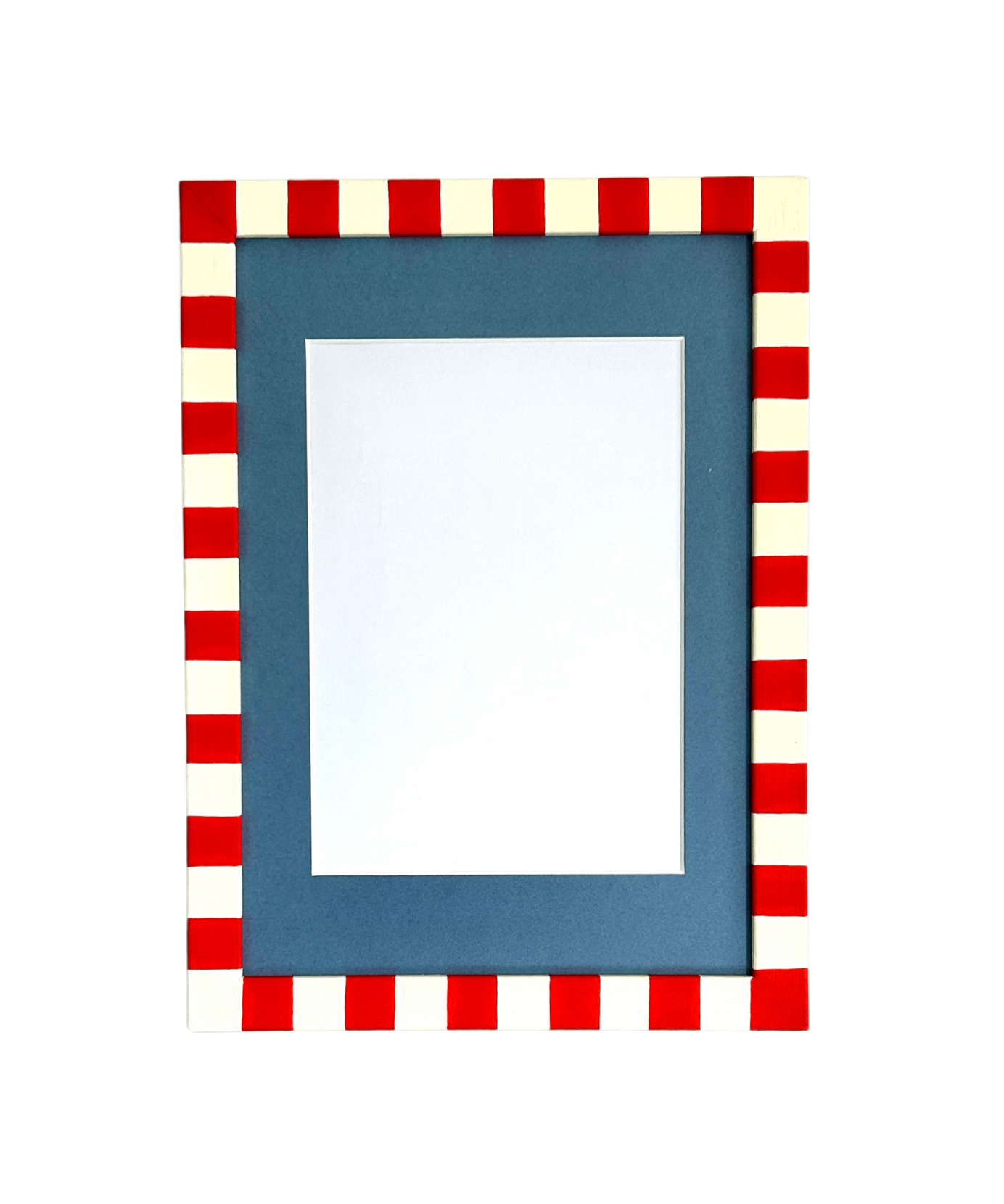 Rectangular blue frame with red and white checkered border on a white background