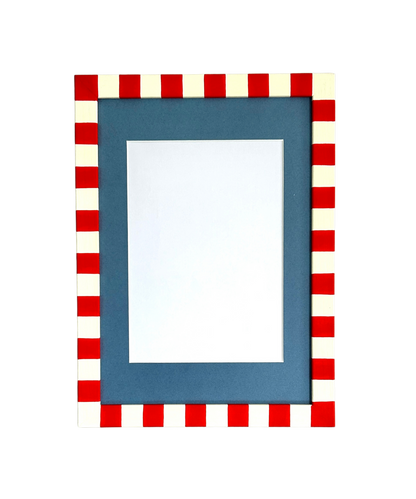 Rectangular blue frame with red and white checkered border on a white background
