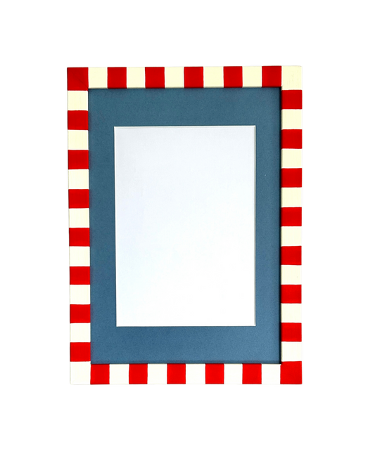 Rectangular blue frame with red and white checkered border on a white background