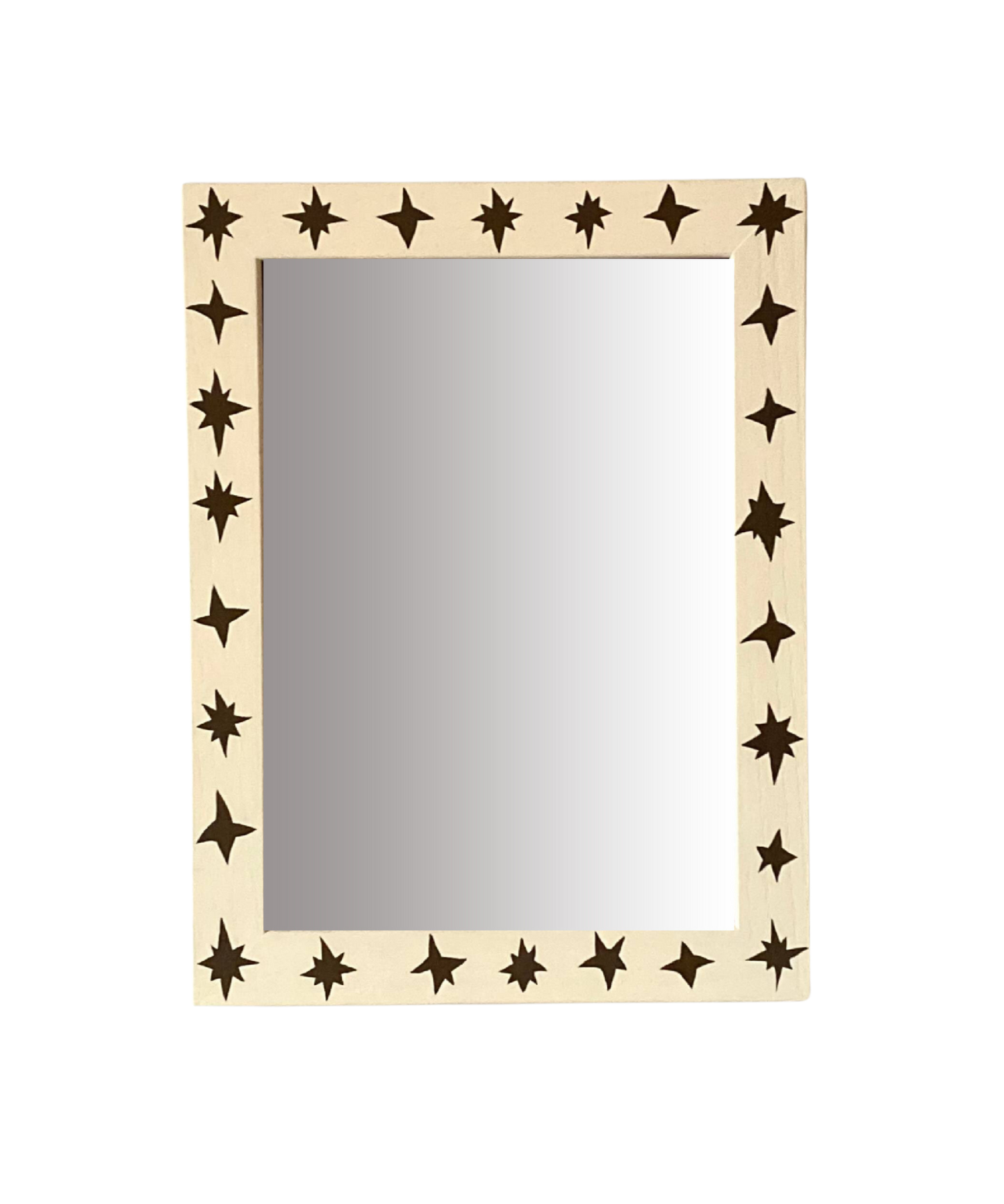 Mirror with star-shaped cutouts on a beige frame against a white background