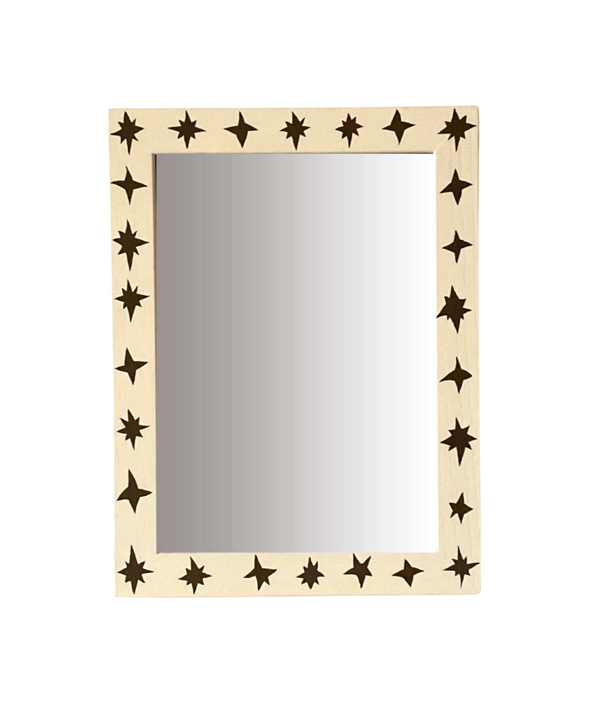 Mirror with star-shaped cutouts on a beige frame against a white background