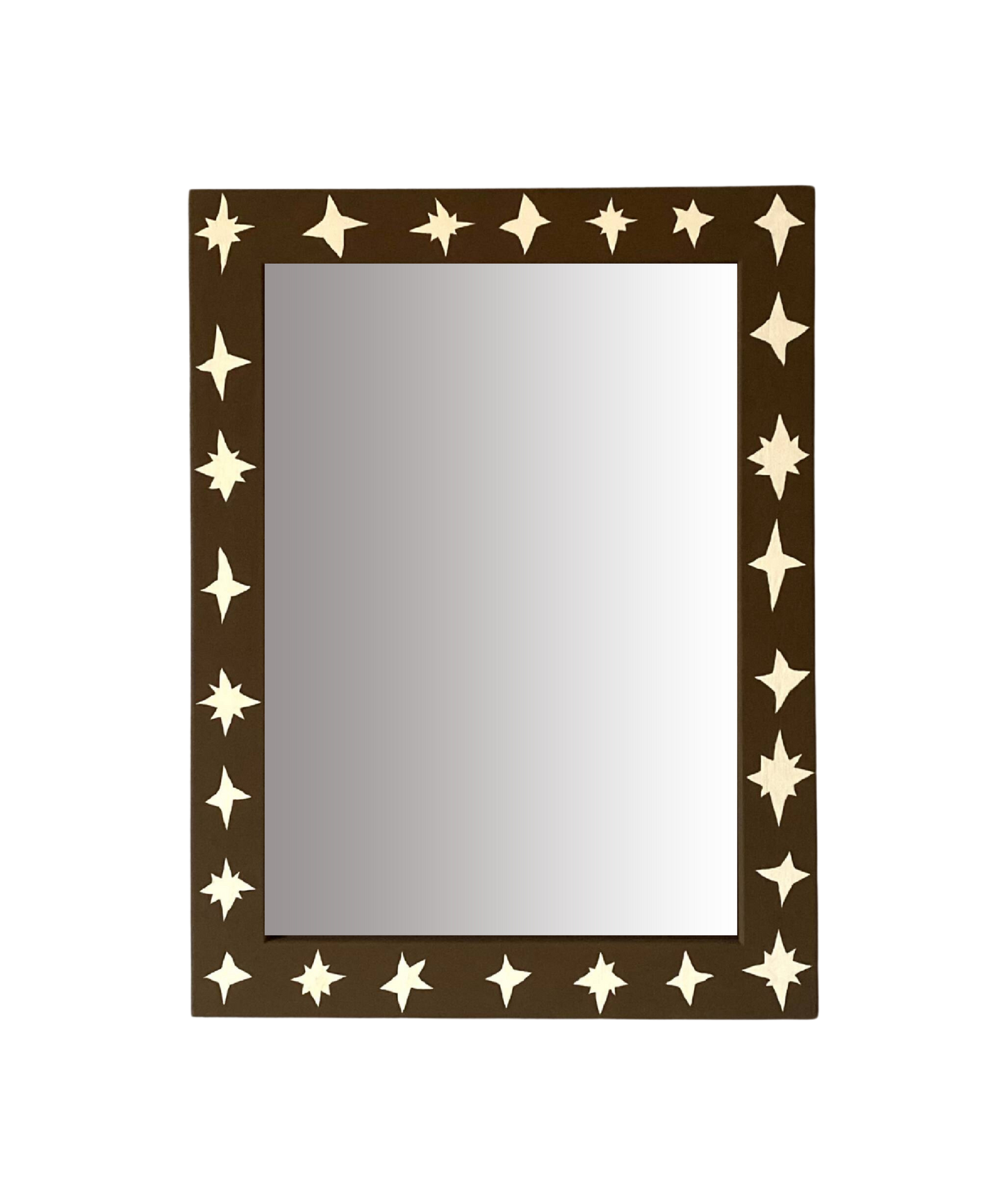 Rectangular mirror with star-shaped cutouts on a brown frame against a white background