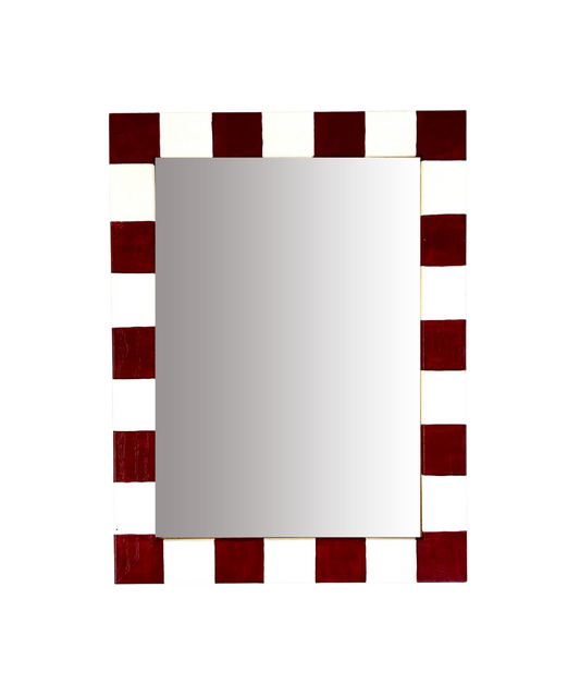 Rectangular mirror with a red border on a white background