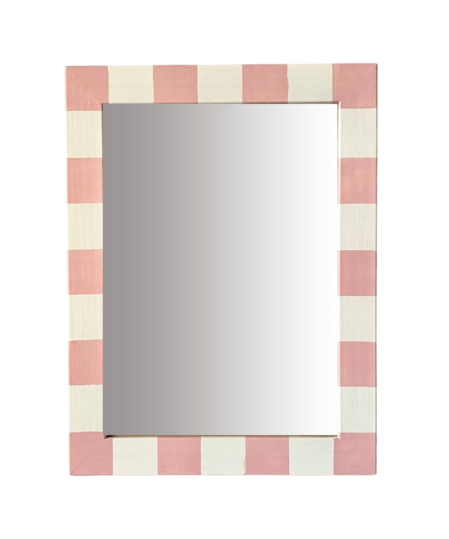 Rectangular mirror with a pink and white striped frame on a white background