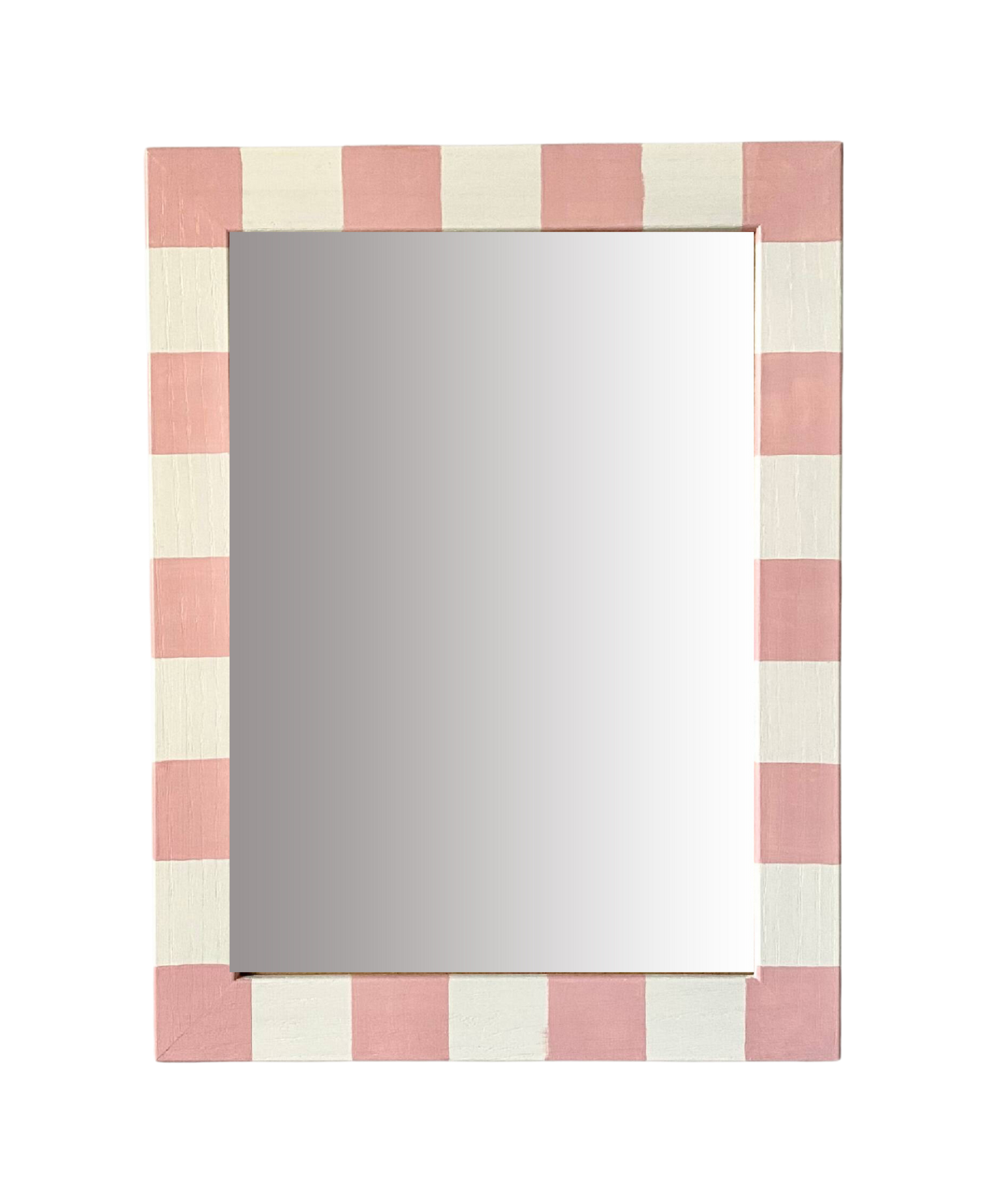 Rectangular mirror with a pink and white striped frame on a white background