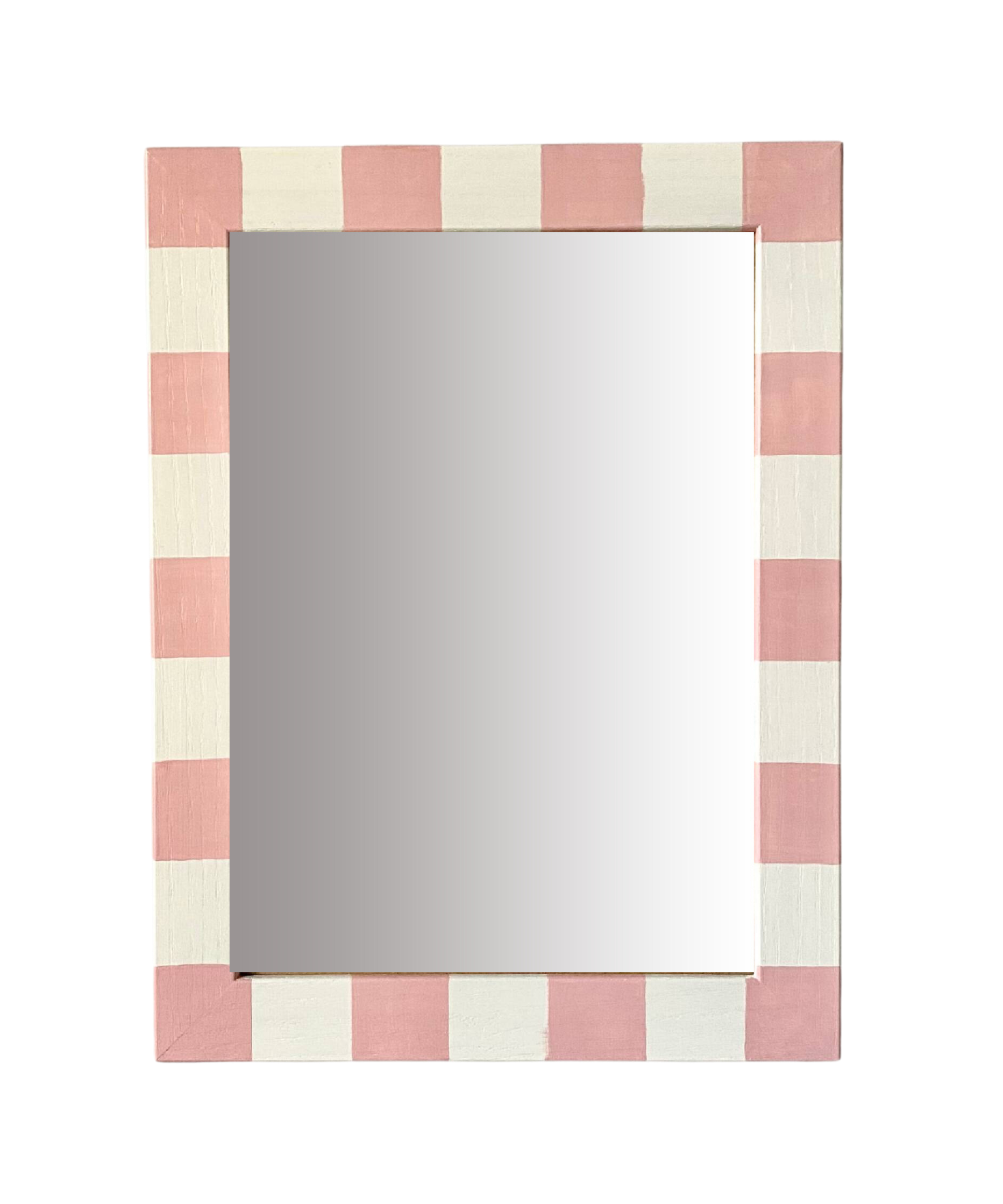 Rectangular mirror with a pink and white striped frame on a white background