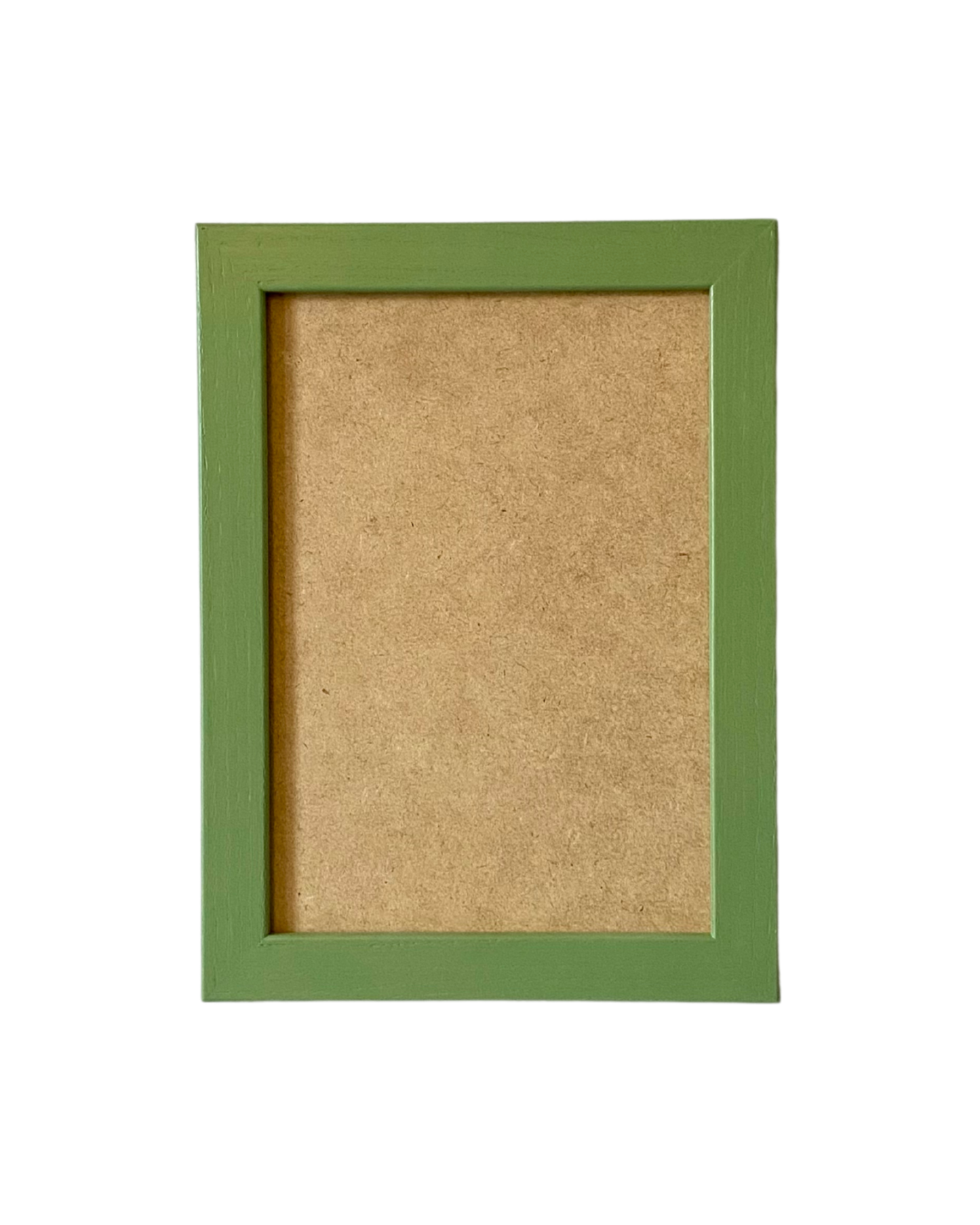 Green picture frame with a brown cardboard back on a white background
