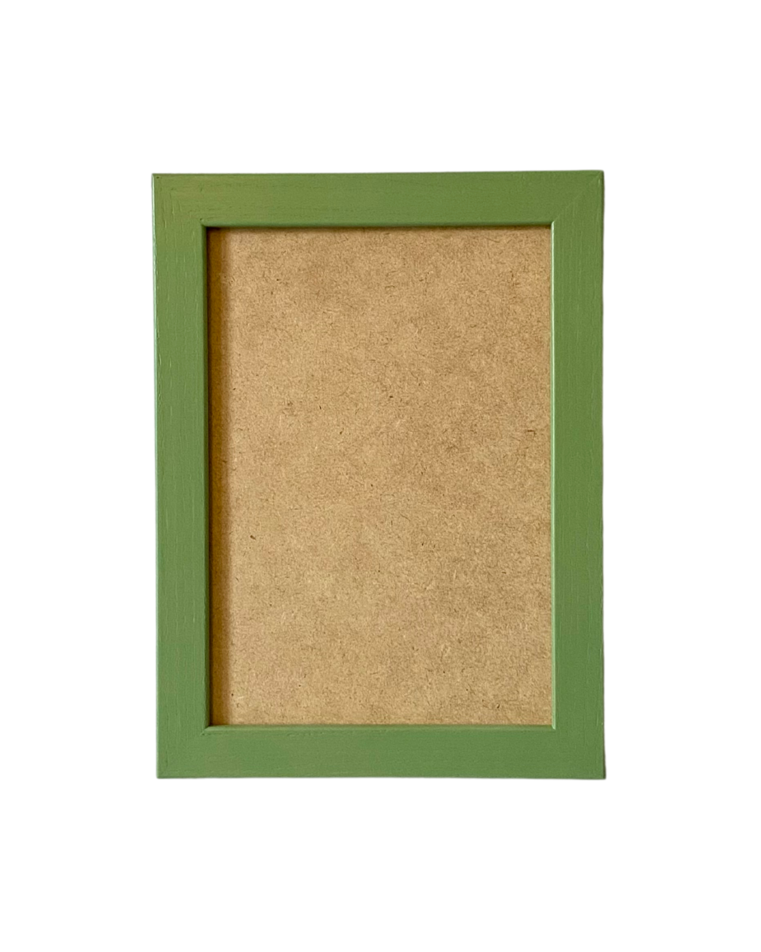 Green picture frame with a brown cardboard back on a white background