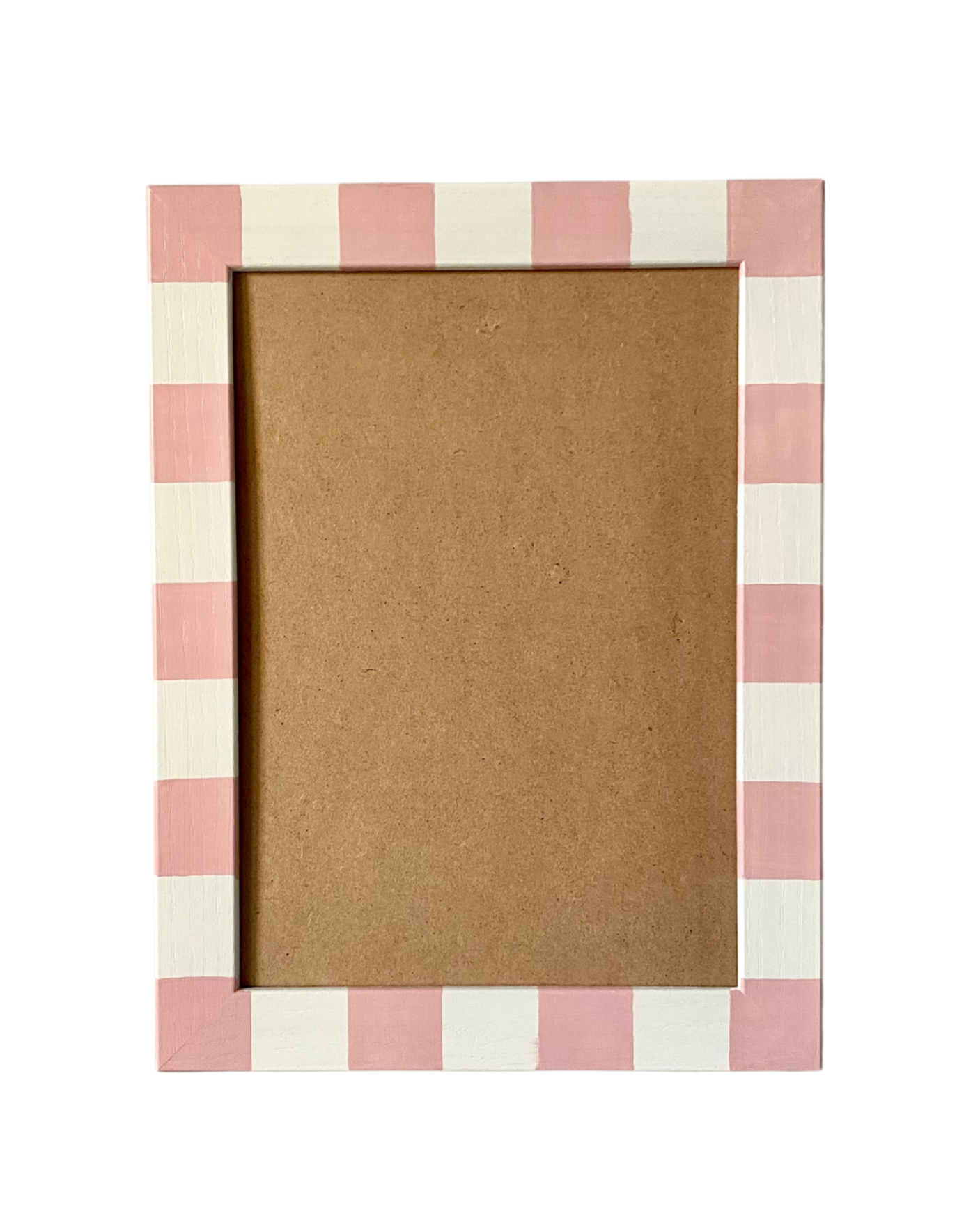 Rectangular photo frame with pink and white checkered border on a white background