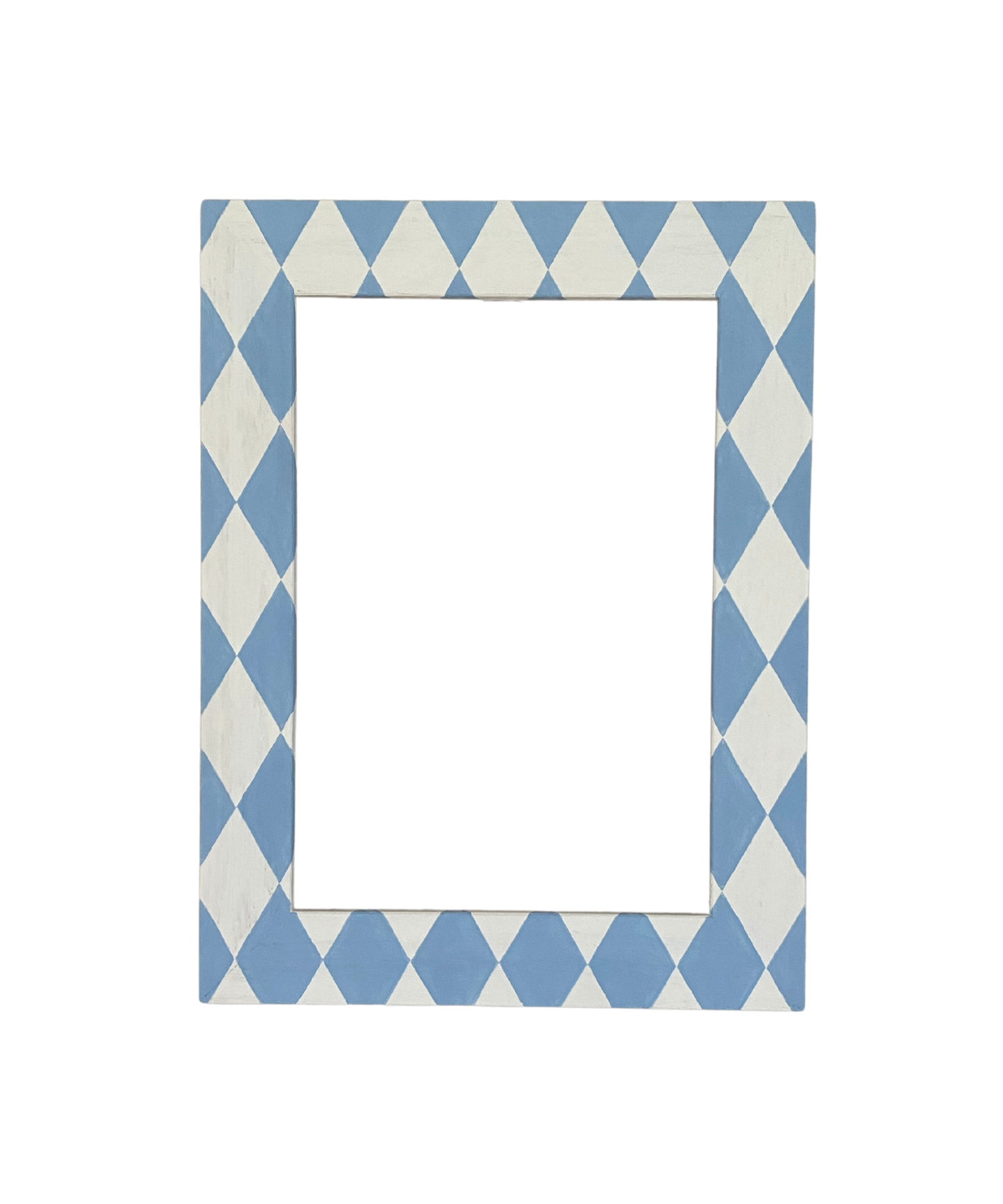 Rectangular frame with blue and white diamond pattern on a white background