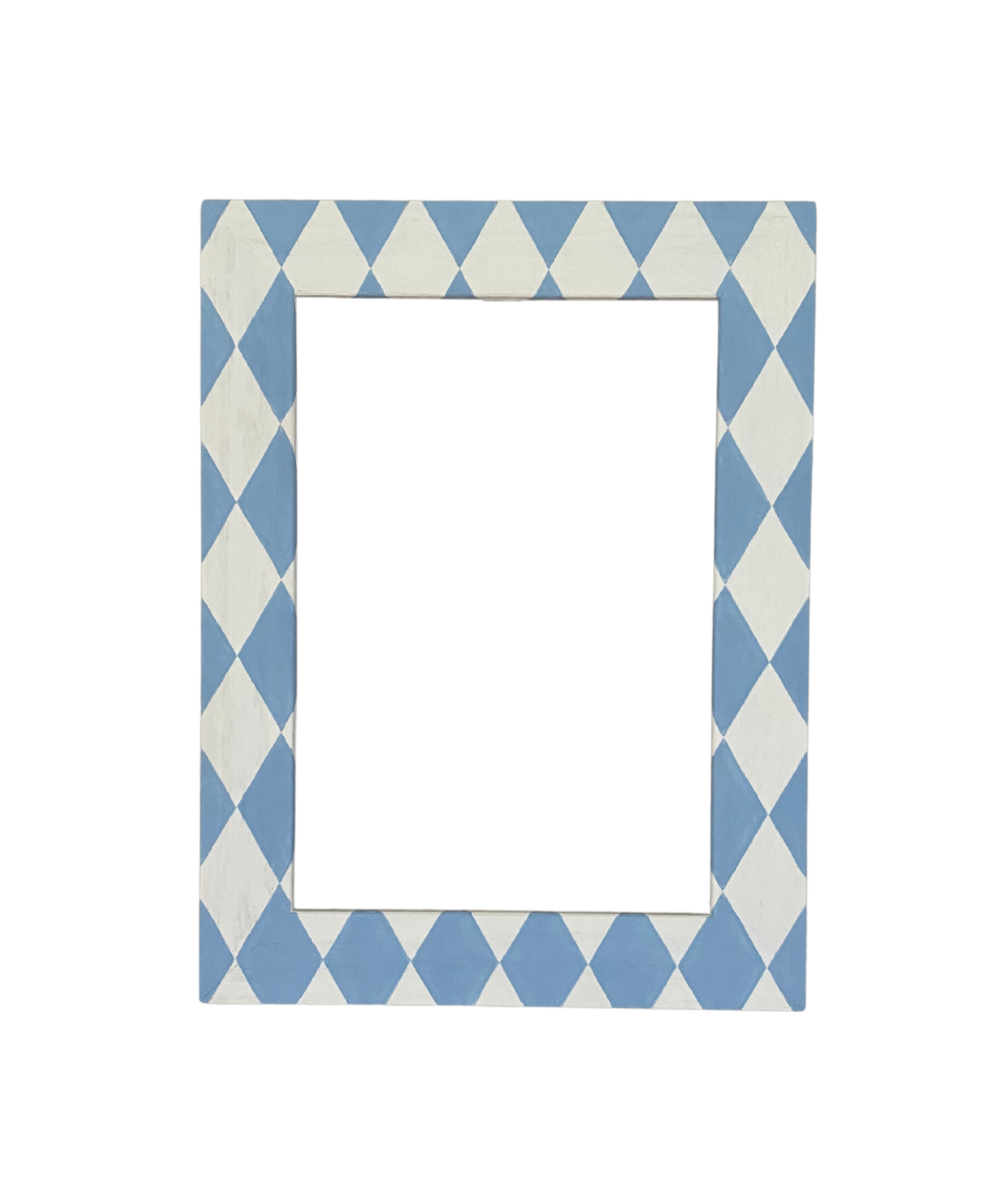 Rectangular frame with blue and white diamond pattern on a white background