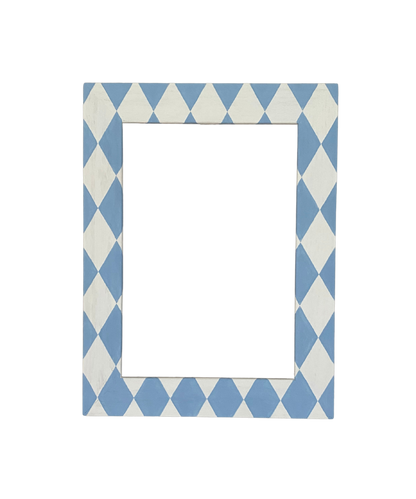 Rectangular frame with blue and white diamond pattern on a white background