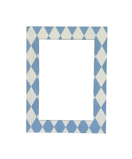 Rectangular frame with blue and white diamond pattern on a white background