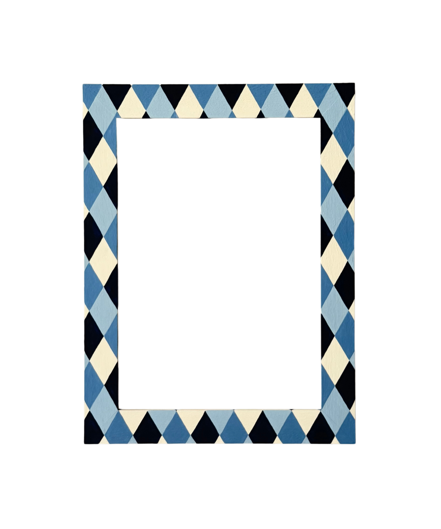 Rectangular frame with blue, black, and beige checkered pattern on a white background