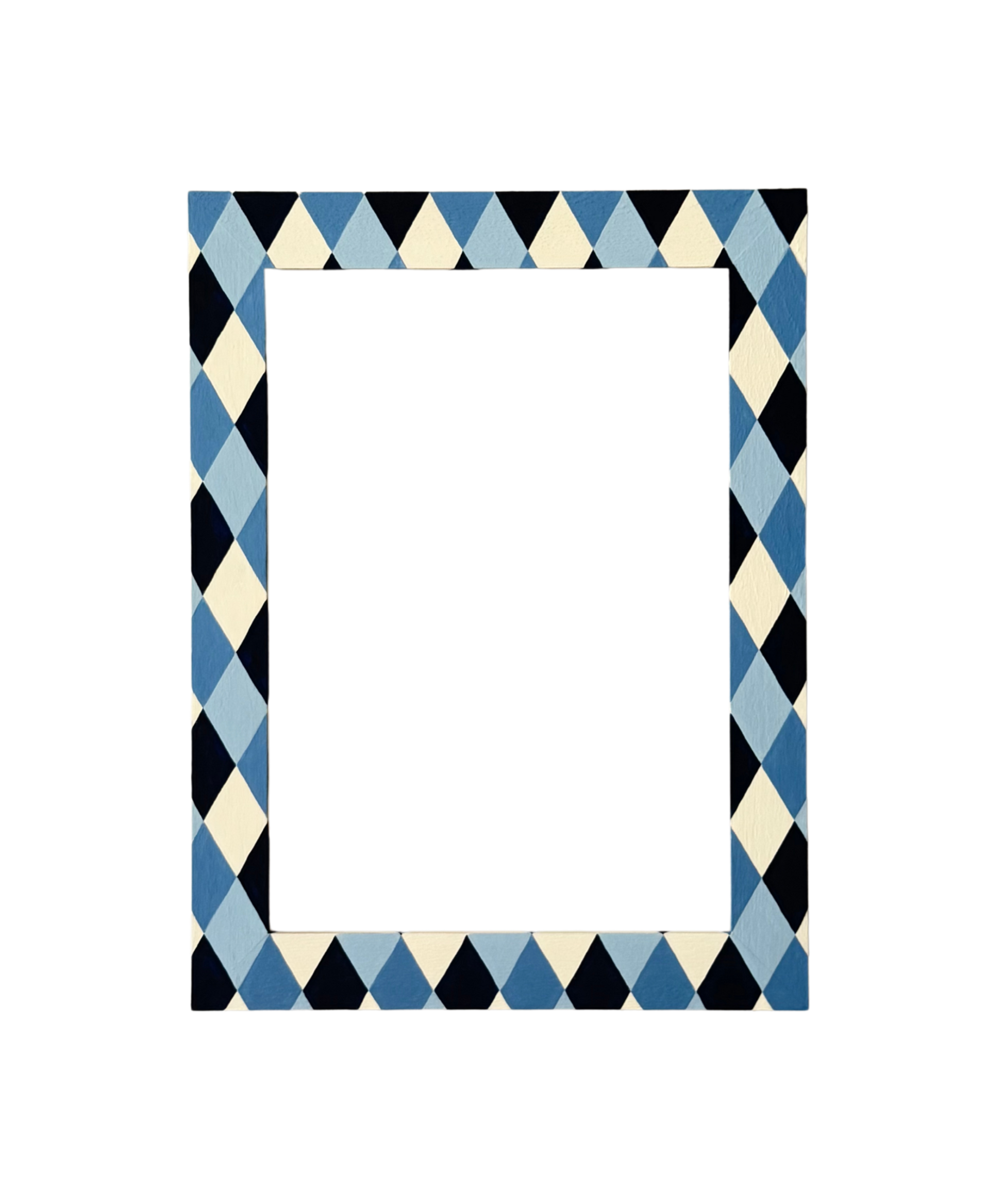 Rectangular frame with blue, black, and beige checkered pattern on a white background