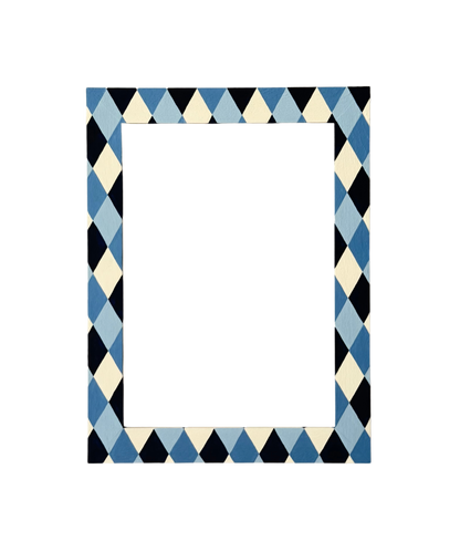 Rectangular frame with blue, black, and beige checkered pattern on a white background