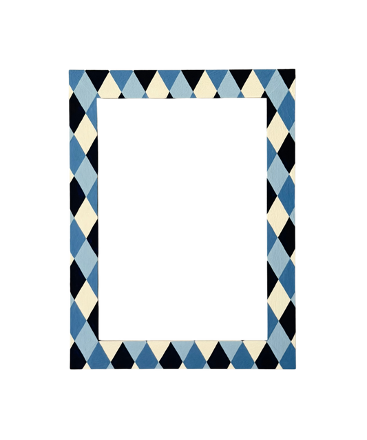 Rectangular frame with blue, black, and beige checkered pattern on a white background